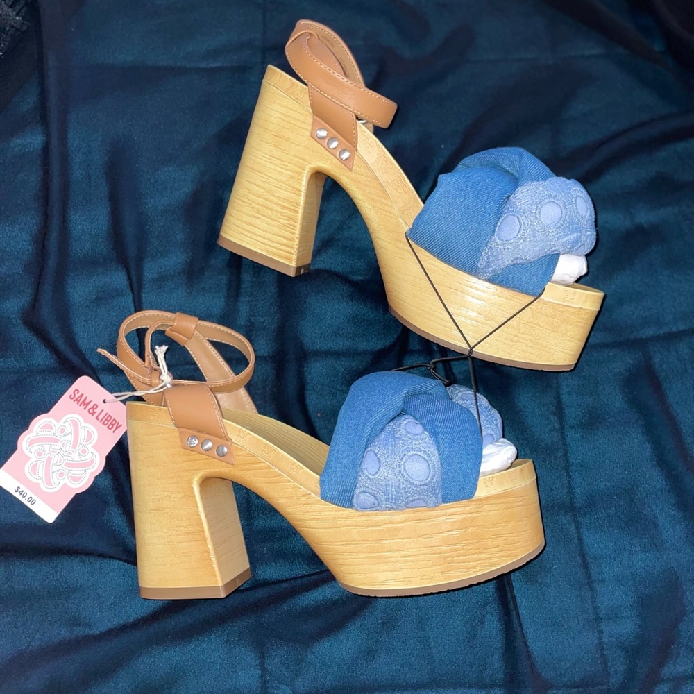 Sam & Libby Women's Cassandra Puffy Platform Denim Wood bottom Sandals 👡